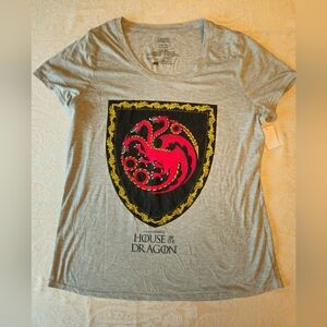 Size 1X Game of Thrones Gray Tee with Red Dragon Emblem, NWT